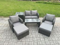Fimous Outdoor Lounge Sofa Set Wicker PE Rattan Garden Furniture Set with Reclining Chair Coffee Table Side Table in Dark Grey - thumbnail 2