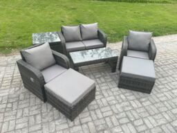 Fimous Outdoor Lounge Sofa Set Wicker PE Rattan Garden Furniture Set with Reclining Chair Coffee Table Side Table in Dark Grey - thumbnail 1