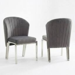 HOME LUXE INTERIOR Set of 2 Grey Velvet Fabio Dining Chairs with Modern Silver Frame