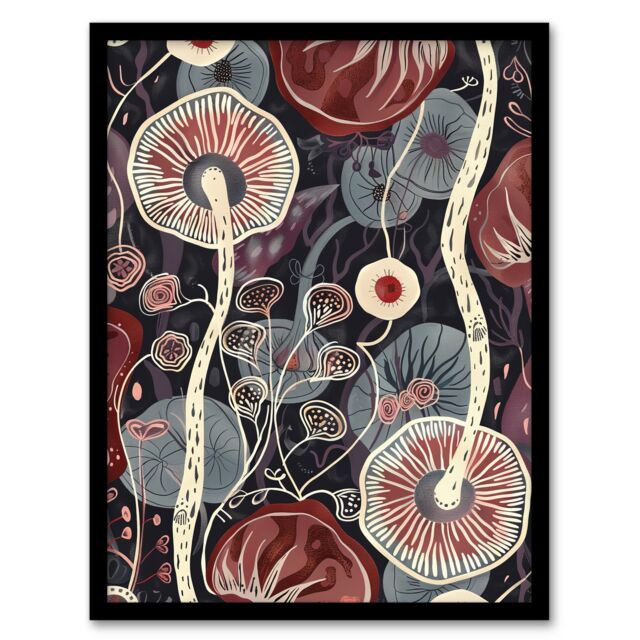 Artery8 Psychedelic Mushroom Pattern Fungi Folk Art Framed Art Print in Red - Size: A4 - image 1
