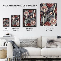 Artery8 Psychedelic Mushroom Pattern Fungi Folk Art Framed Art Print in Red - Size: A4 - thumbnail 3