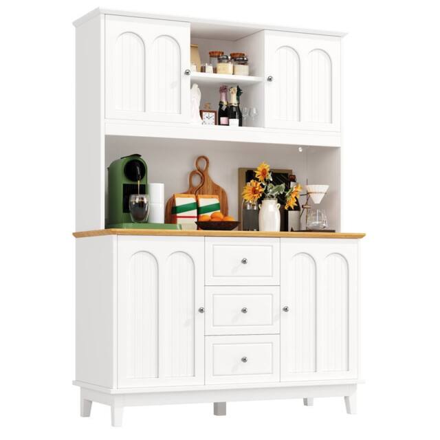 Merax Pantry Cabinet Kitchen Dresser with LED Lighting & Adjustable Shelves in White - image 1
