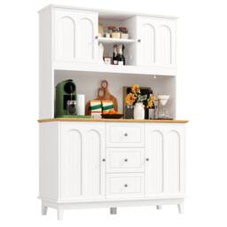 Merax Pantry Cabinet Kitchen Dresser with LED Lighting & Adjustable Shelves in White