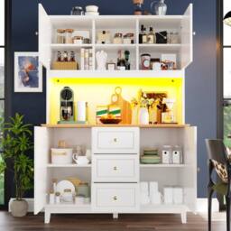 Merax Pantry Cabinet Kitchen Dresser with LED Lighting & Adjustable Shelves in White - thumbnail 9