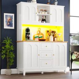 Merax Pantry Cabinet Kitchen Dresser with LED Lighting & Adjustable Shelves in White - thumbnail 8