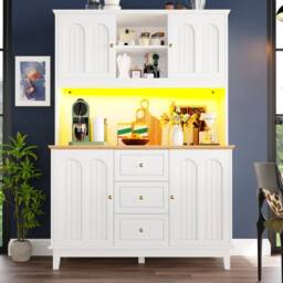 Merax Pantry Cabinet Kitchen Dresser with LED Lighting & Adjustable Shelves in White - thumbnail 6