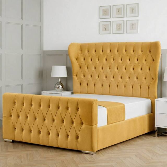 Living Comfort Bedz Velvetine Plush Velvet Upholstered Bed Slatted Base - 48Inch Headboard in Mustard - Size: Super King - image 1