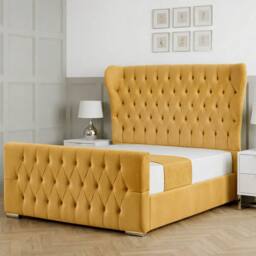 Living Comfort Bedz Velvetine Plush Velvet Upholstered Bed Slatted Base - 48Inch Headboard in Mustard - Size: Super King