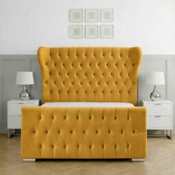 Living Comfort Bedz Velvetine Plush Velvet Upholstered Bed Slatted Base - 48Inch Headboard in Mustard - Size: Super King - thumbnail 2