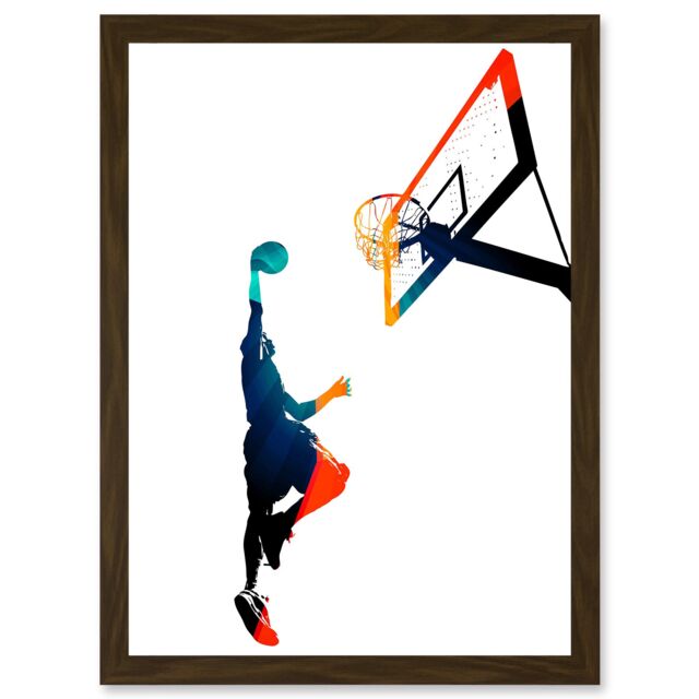 Artery8 Basketball Jump Hoop Ball Dunk Sport A4 Artwork Framed Wall Art Print in Brown - image 1