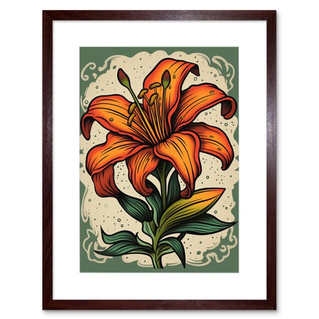 "Artery8 Wall Art Print Old School USA Tattoo Ink Body Art Orange Lily Rockabilly Americana 50s Artwork Framed 9X7 Inch in Brown - Size: W7"" x H9""" - image 1