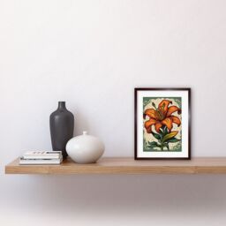 "Artery8 Wall Art Print Old School USA Tattoo Ink Body Art Orange Lily Rockabilly Americana 50s Artwork Framed 9X7 Inch in Brown - Size: W7"" x H9""" - thumbnail 2