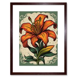"Artery8 Wall Art Print Old School USA Tattoo Ink Body Art Orange Lily Rockabilly Americana 50s Artwork Framed 9X7 Inch in Brown - Size: W7"" x H9""" - thumbnail 1