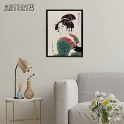 "Artery8 Naniwaya Okita Portrait Framed Canvas Wall Art Print Utamaro Kitagawa in Green - Size: W12"" x H16""" - thumbnail 3