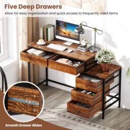 Costway Computer Desk Home Office Desk w/ Side File Cabinet & 5 Drawers in Brown - thumbnail 7