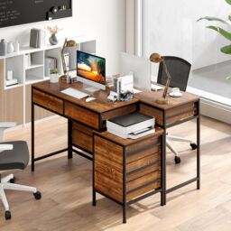 Costway Computer Desk Home Office Desk w/ Side File Cabinet & 5 Drawers in Brown - thumbnail 5