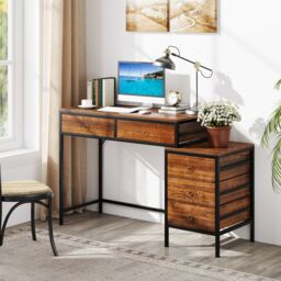 Costway Computer Desk Home Office Desk w/ Side File Cabinet & 5 Drawers in Brown - thumbnail 3
