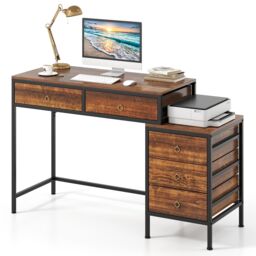Costway Computer Desk Home Office Desk w/ Side File Cabinet & 5 Drawers in Brown - thumbnail 1