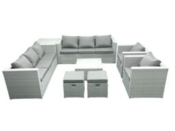 Fimous Outdoor Rattan Sofa Garden Furniture Set with 2 Armchairs Square Coffee Table 2 Small Footstools Side Table Light Grey Mixed - thumbnail 1