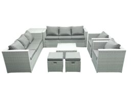 Fimous Outdoor Rattan Sofa Garden Furniture Set with 2 Armchairs Square Coffee Table 2 Small Footstools Side Table Light Grey Mixed - thumbnail 2