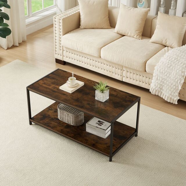 House of Home Coffee Table Rustic Wooden Brown Grain Finish Living Room Storage Shelf 2 Tier - image 1