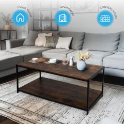 House of Home Coffee Table Rustic Wooden Brown Grain Finish Living Room Storage Shelf 2 Tier - thumbnail 8