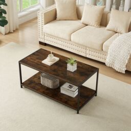 House of Home Coffee Table Rustic Wooden Brown Grain Finish Living Room Storage Shelf 2 Tier - thumbnail 1