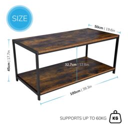 House of Home Coffee Table Rustic Wooden Brown Grain Finish Living Room Storage Shelf 2 Tier - thumbnail 2