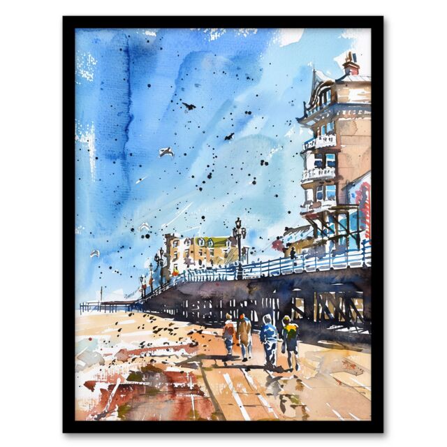 "Artery8 Under the Promenade Brighton Beach Watercolour Framed Art Print in Blue - Size: W12"" x H16""" - image 1