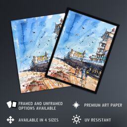 "Artery8 Under the Promenade Brighton Beach Watercolour Framed Art Print in Blue - Size: W12"" x H16""" - thumbnail 2