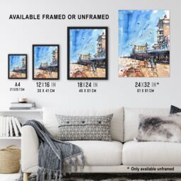 "Artery8 Under the Promenade Brighton Beach Watercolour Framed Art Print in Blue - Size: W12"" x H16""" - thumbnail 3