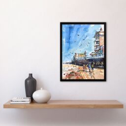 "Artery8 Under the Promenade Brighton Beach Watercolour Framed Art Print in Blue - Size: W12"" x H16""" - thumbnail 4