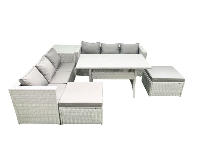 Fimous Rattan Garden Furniture Set 8 Seater Outdoor Sofa Set with Dining Table Side Table 2 Big Footstools Light Grey Mixed - image 1