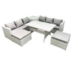 Fimous Rattan Garden Furniture Set 8 Seater Outdoor Sofa Set with Dining Table Side Table 2 Big Footstools Light Grey Mixed - thumbnail 2