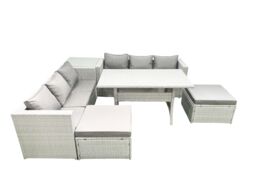 Fimous Rattan Garden Furniture Set 8 Seater Outdoor Sofa Set with Dining Table Side Table 2 Big Footstools Light Grey Mixed - thumbnail 1