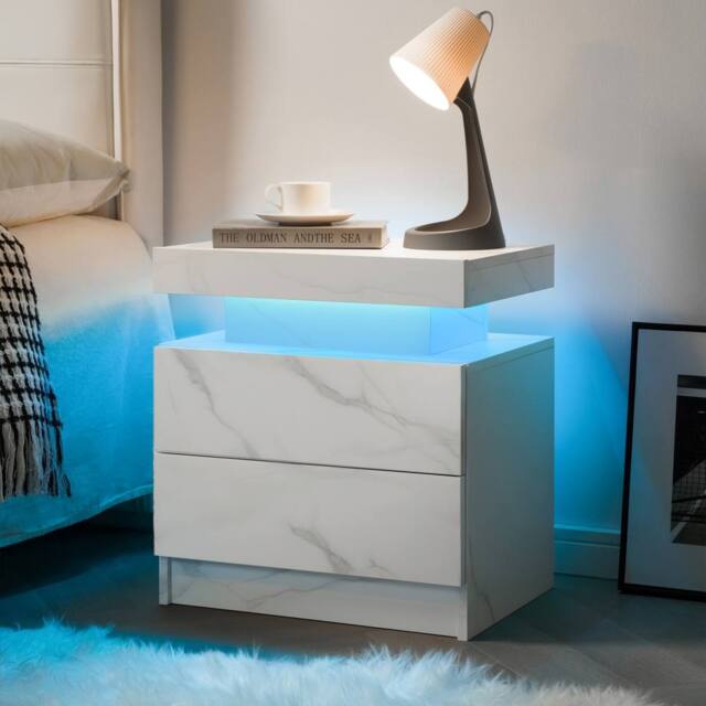 Direct Wicker LED Nightstand Bedside Modern Cabinet with Stone Pattern Decoration in White - Size: 1 Pack - image 1