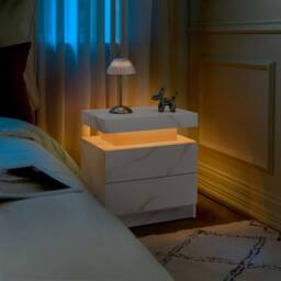 Direct Wicker LED Nightstand Bedside Modern Cabinet with Stone Pattern Decoration in White - Size: 1 Pack - thumbnail 6