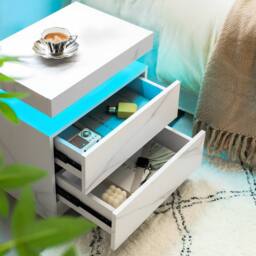 Direct Wicker LED Nightstand Bedside Modern Cabinet with Stone Pattern Decoration in White - Size: 1 Pack - thumbnail 4