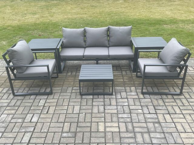 Fimous Aluminium Outdoor Garden Furniture Set Lounge Sofa 2 PC Chairs Square Coffee Table Sets with 2 Side Tables Dark Grey - image 1