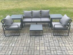 Fimous Aluminium Outdoor Garden Furniture Set Lounge Sofa 2 PC Chairs Square Coffee Table Sets with 2 Side Tables Dark Grey - thumbnail 1