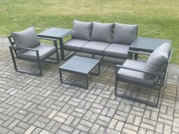 Fimous Aluminium Outdoor Garden Furniture Set Lounge Sofa 2 PC Chairs Square Coffee Table Sets with 2 Side Tables Dark Grey - thumbnail 2