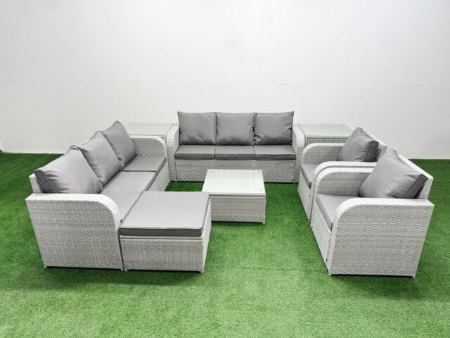 Fimous PE Rattan High Back Lounge Sofa Set Patio Square Coffee Table & Chairs Set w/ 3 Seater Sofa Reclining Chair Big Footstool 2 Side Table Light - image 1