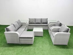 Fimous PE Rattan High Back Lounge Sofa Set Patio Square Coffee Table & Chairs Set w/ 3 Seater Sofa Reclining Chair Big Footstool 2 Side Table Light - thumbnail 1