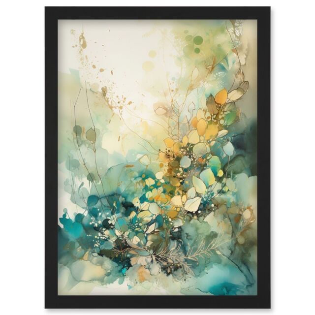 Artery8 Wild Plant Flora in Teal Blue & Orange Modern Watercolour Painting Artwork Framed Wall Art Print A4 in Black - image 1