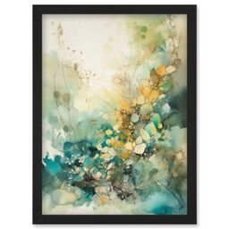 Artery8 Wild Plant Flora in Teal Blue & Orange Modern Watercolour Painting Artwork Framed Wall Art Print A4 in Black - thumbnail 1