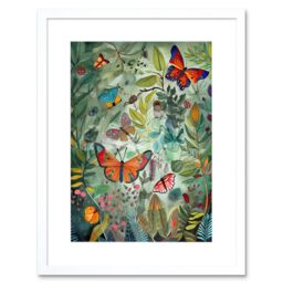 "Artery8 Wall Art Print Butterflies in a Spring Field Modern Folk Artwork Framed 9X7 Inch in White - Size: W7"" x H9""" - thumbnail 1