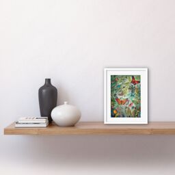 "Artery8 Wall Art Print Butterflies in a Spring Field Modern Folk Artwork Framed 9X7 Inch in White - Size: W7"" x H9""" - thumbnail 2