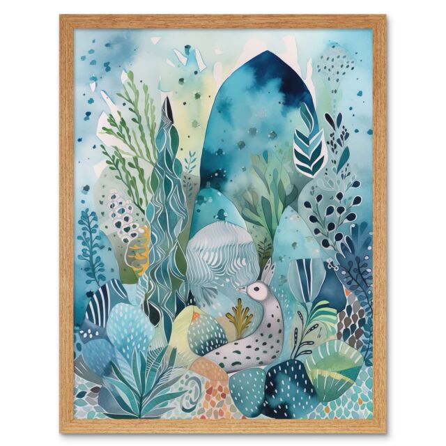"Artery8 Wall Art Print Coastal Plants & Animals Folk Art Watercolour Painting Art Framed in Light Oak - Size: W12"" x H16""" - image 1