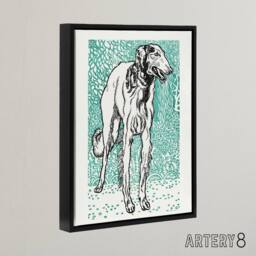 "Artery8 Long Haired Greyhound Russian Wolfhound Dog Jung Framed Canvas Art in Blue - Size: W24"" x H32""" - thumbnail 2