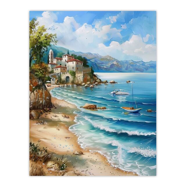 "Artery8 Seaside Beach Scene Coastal Landscape Painting Wall Art Print in Blue - Size: W18"" x H24""" - image 1